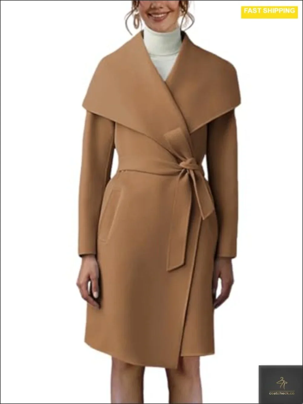 Long Sleeve Wool Pea Coat Open Front Belted Long Trench